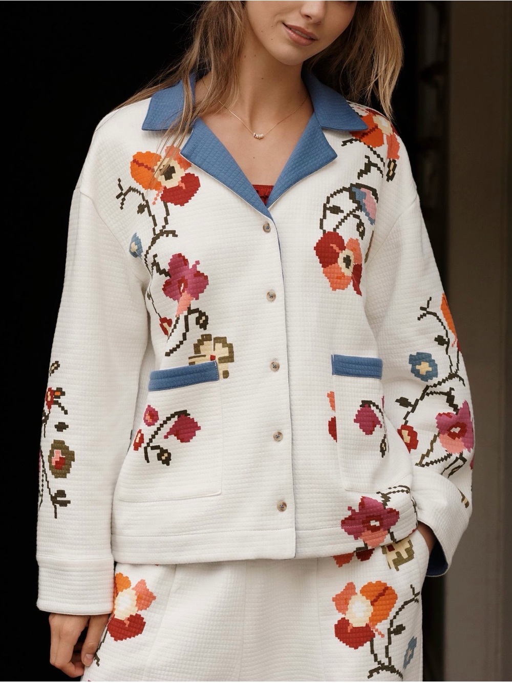 Anthropologie White Floral Embroidered Button-Front Top with Blue Collar